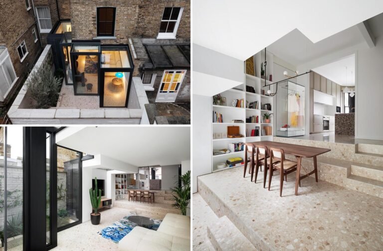 A Victorian terraced house in London transformed with cubist glass volumes, black steel framing, and dramatic geometric forms by Bureau de Change Architects.