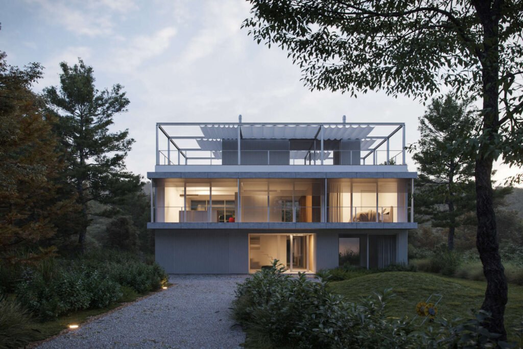 Set between the Carpathian foothills and the Danube River, this modern house features elevated living spaces, flexible interiors, panoramic views, a rooftop terrace, and a reflective raw aluminum facade that changes with the light throughout the day.