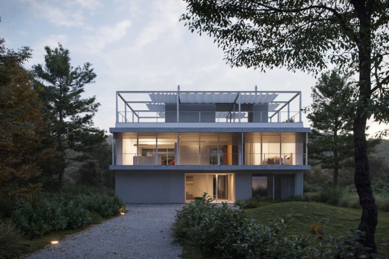 Set between the Carpathian foothills and the Danube River, this modern house features elevated living spaces, flexible interiors, panoramic views, a rooftop terrace, and a reflective raw aluminum facade that changes with the light throughout the day.