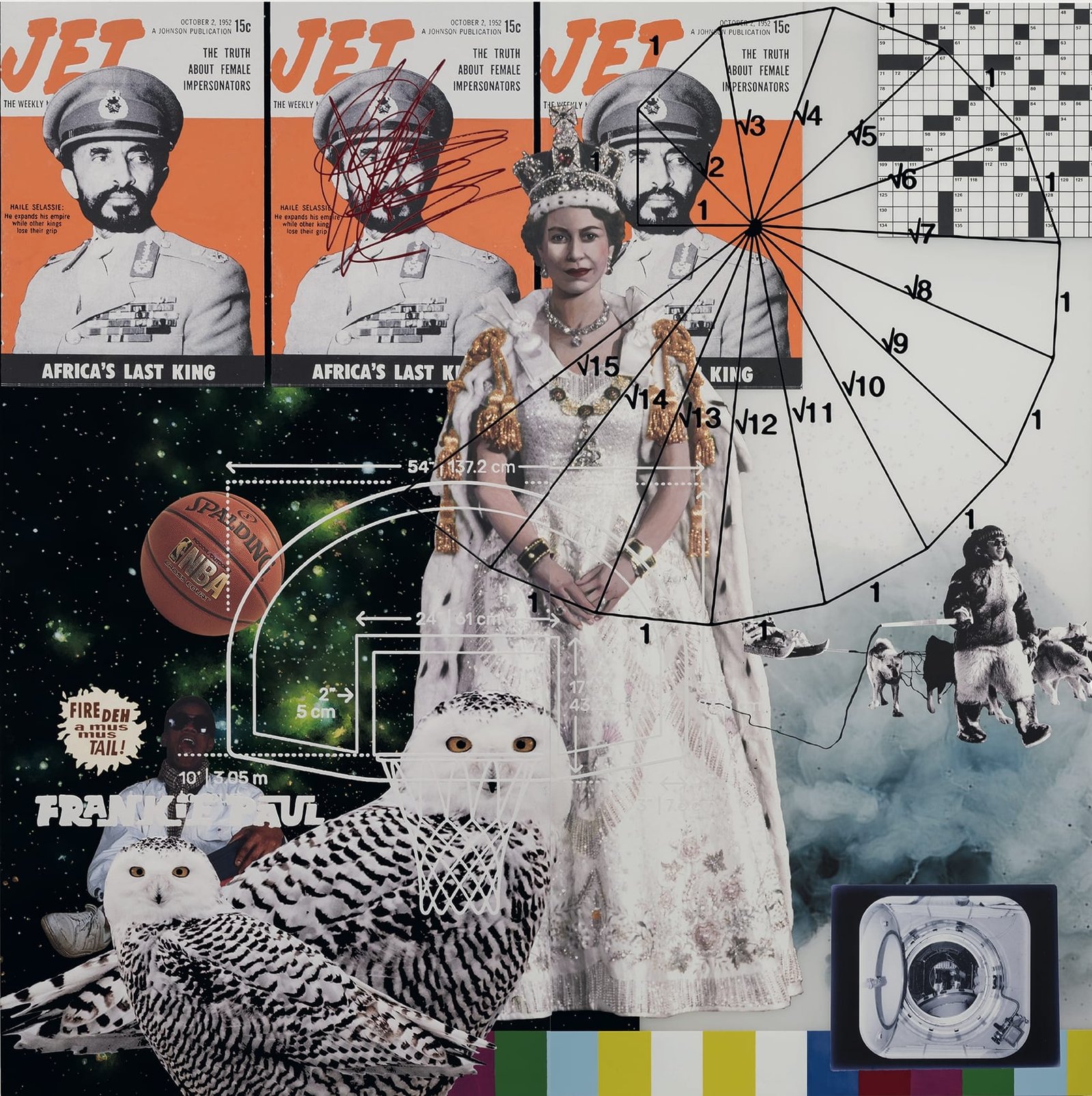 a collage with images of owls, crosswords, jet magazine, queen elizabeth and more