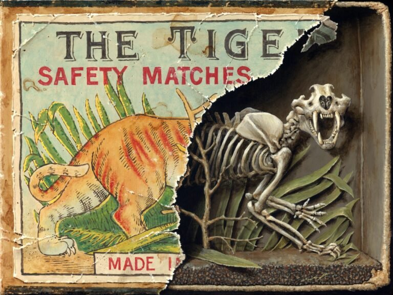 Trompe-L’œil Paintings by Jason Limon Reveal a Hidden Skeletal World 37 a trompe leoil painting by Jason Limon of a torn illustration of a tiger revealing a skeleton