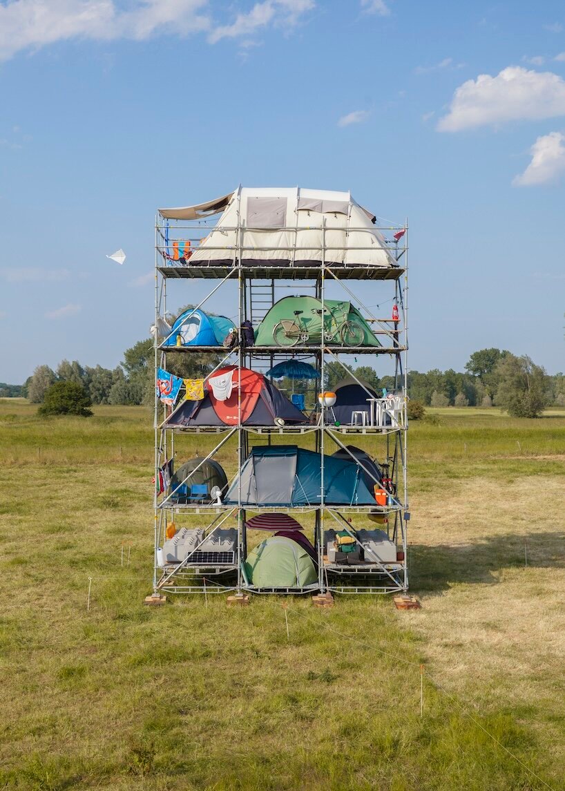 willem de haan stacks 12 camping tents into an eleven-metre tower