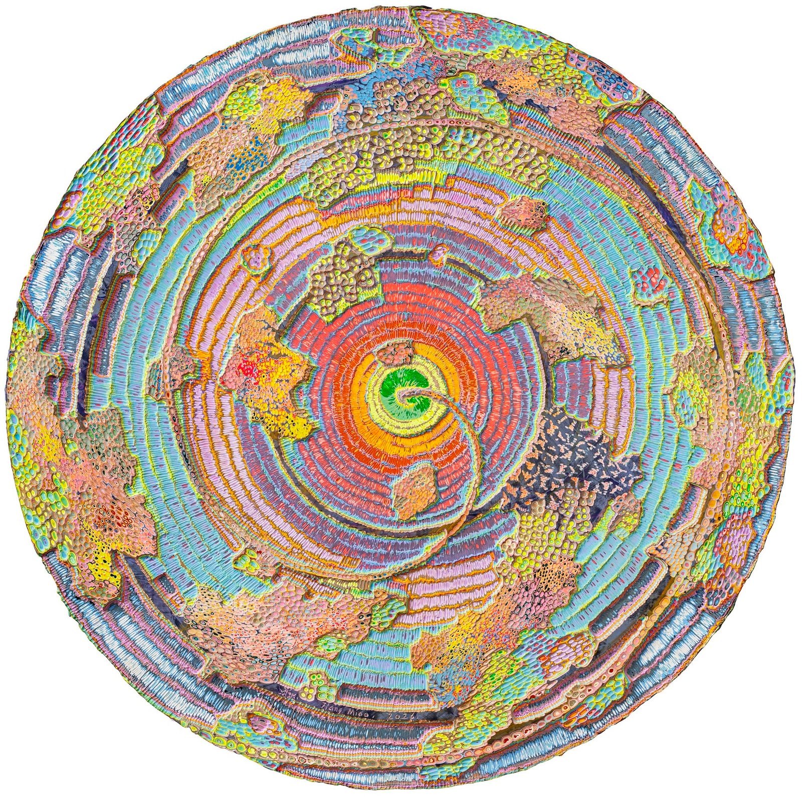 an abstract wood carving with bright acrylic paint in multiple colors