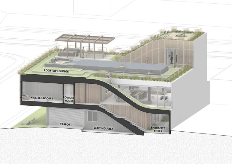 Explore the architectural drawings of Split Mass Residence by K-Thengono Design Studio to see how the split volumes, office, private living spaces, pool and rooftop are arranged across the site.