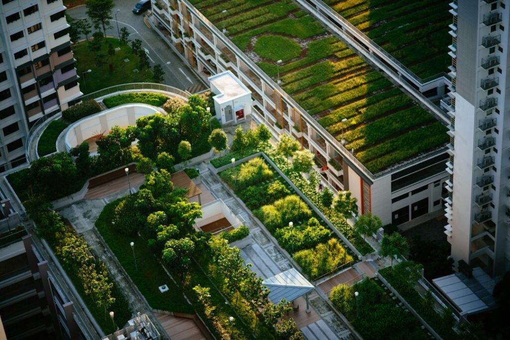 Illustrative aerial photograph of a building and trees; not Common Nexus in Nagoya