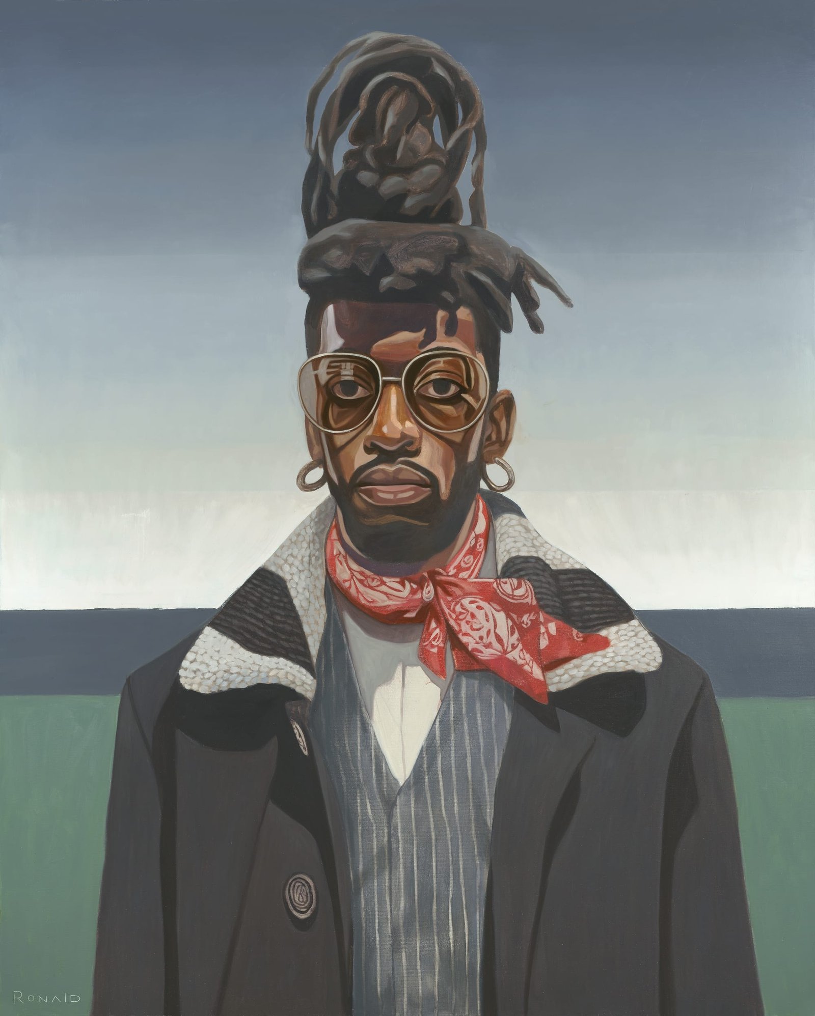 an oil painting by Ronald Jackson of an imagined black man wearing a thick pink and red scarf and round glasses