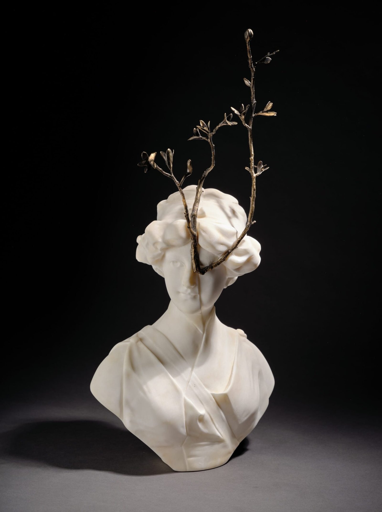 a bronze and alabaster sculpture of a branch emerging from a sculptural bust's eye