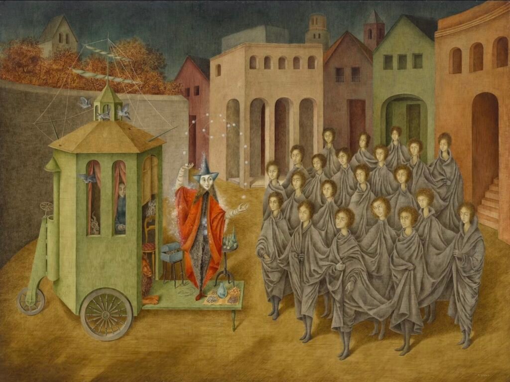 a screenshot of a surreal architectural painting by remedios varo with a group of people being instructed by a wizard like figure