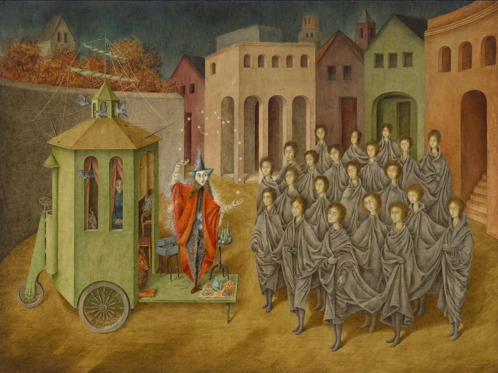 a screenshot of a surreal architectural painting by remedios varo with a group of people being instructed by a wizard like figure
