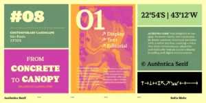 Three magazine spreads showcasing Autêntica Serif typeface, featuring colourful layouts with typography samples, display text and editorial information about the font design.
