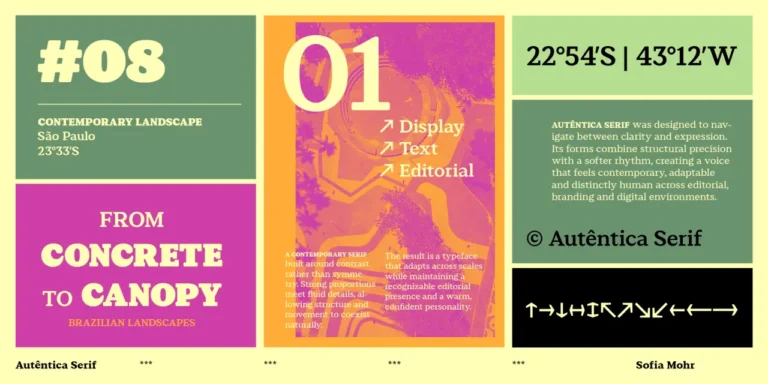 Three magazine spreads showcasing Autêntica Serif typeface, featuring colourful layouts with typography samples, display text and editorial information about the font design.