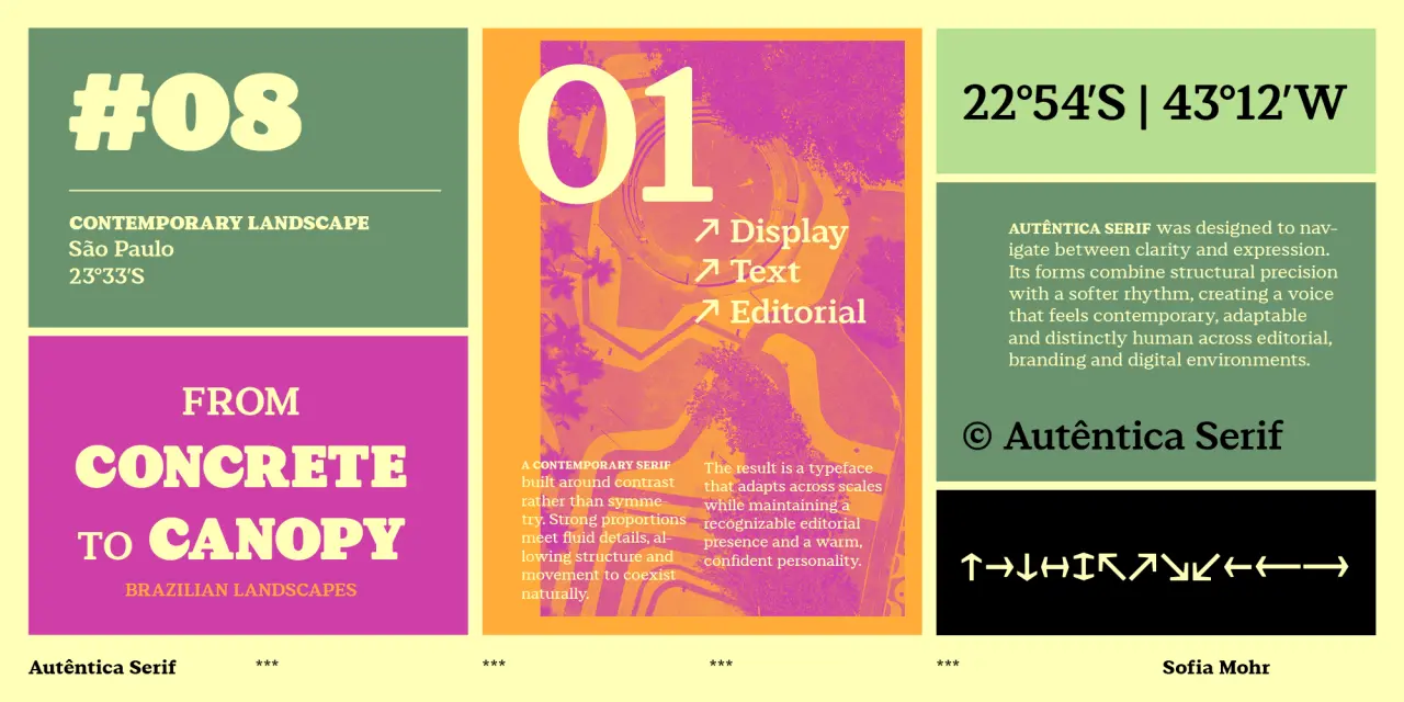 The best new fonts for September 2026 1 Three magazine spreads showcasing Autêntica Serif typeface, featuring colourful layouts with typography samples, display text and editorial information about the font design.