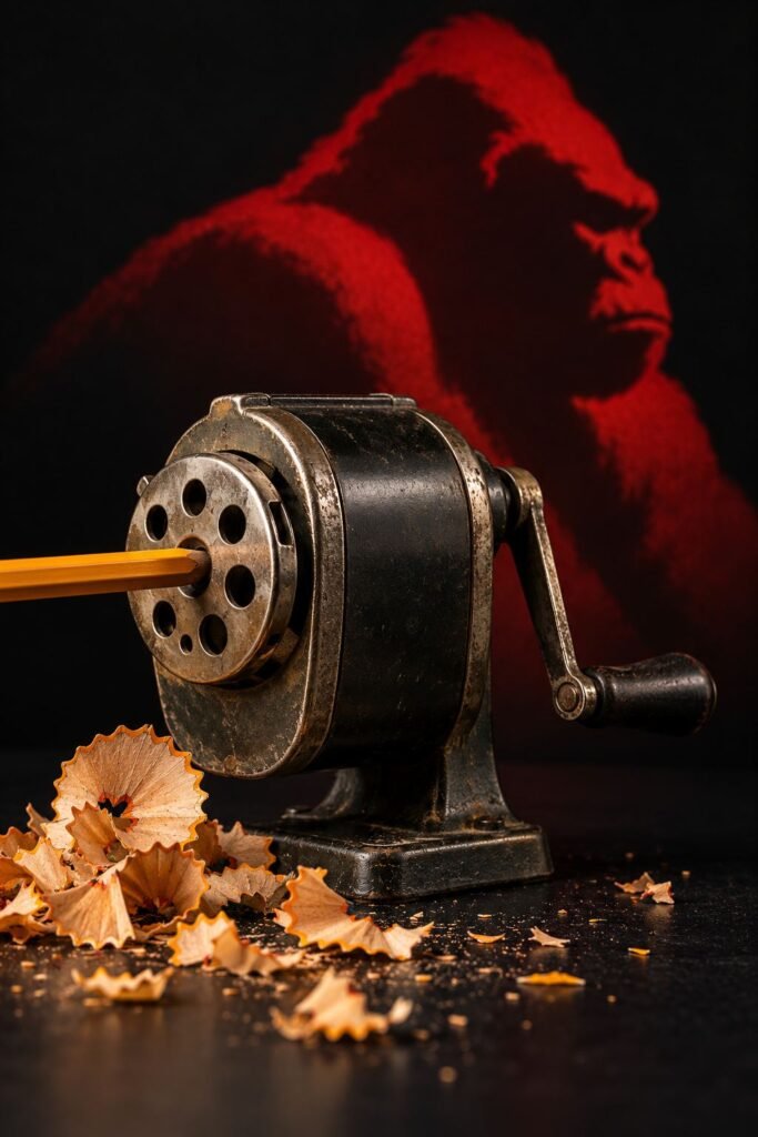 Conceptual image of a pencil sharpener with a gorilla-shaped red shadow; not the GorillaSharpener product