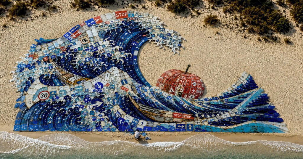 discarded road signs transform into monumental land art installation in sardinia